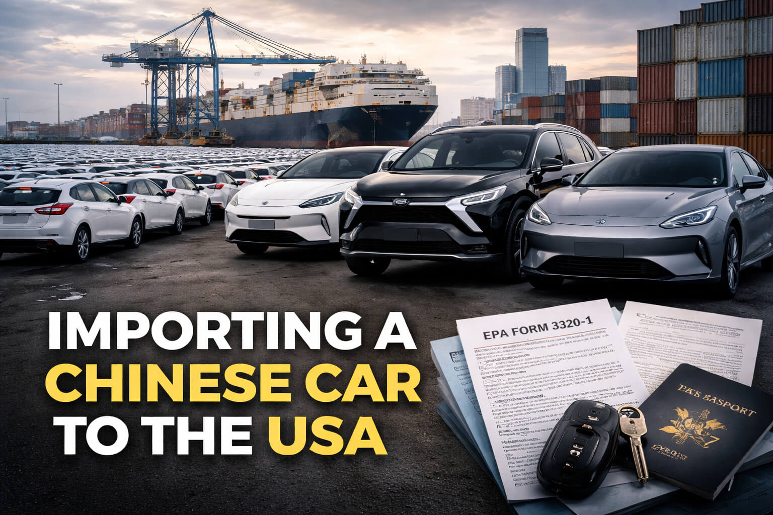 Featured image showing Chinese electric vehicles at a U.S. shipping port with import paperwork, customs documents, and container ships in the background.