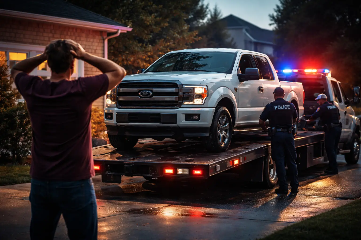 Stolen Ford F-150 being towed by police after VIN cloning fraud