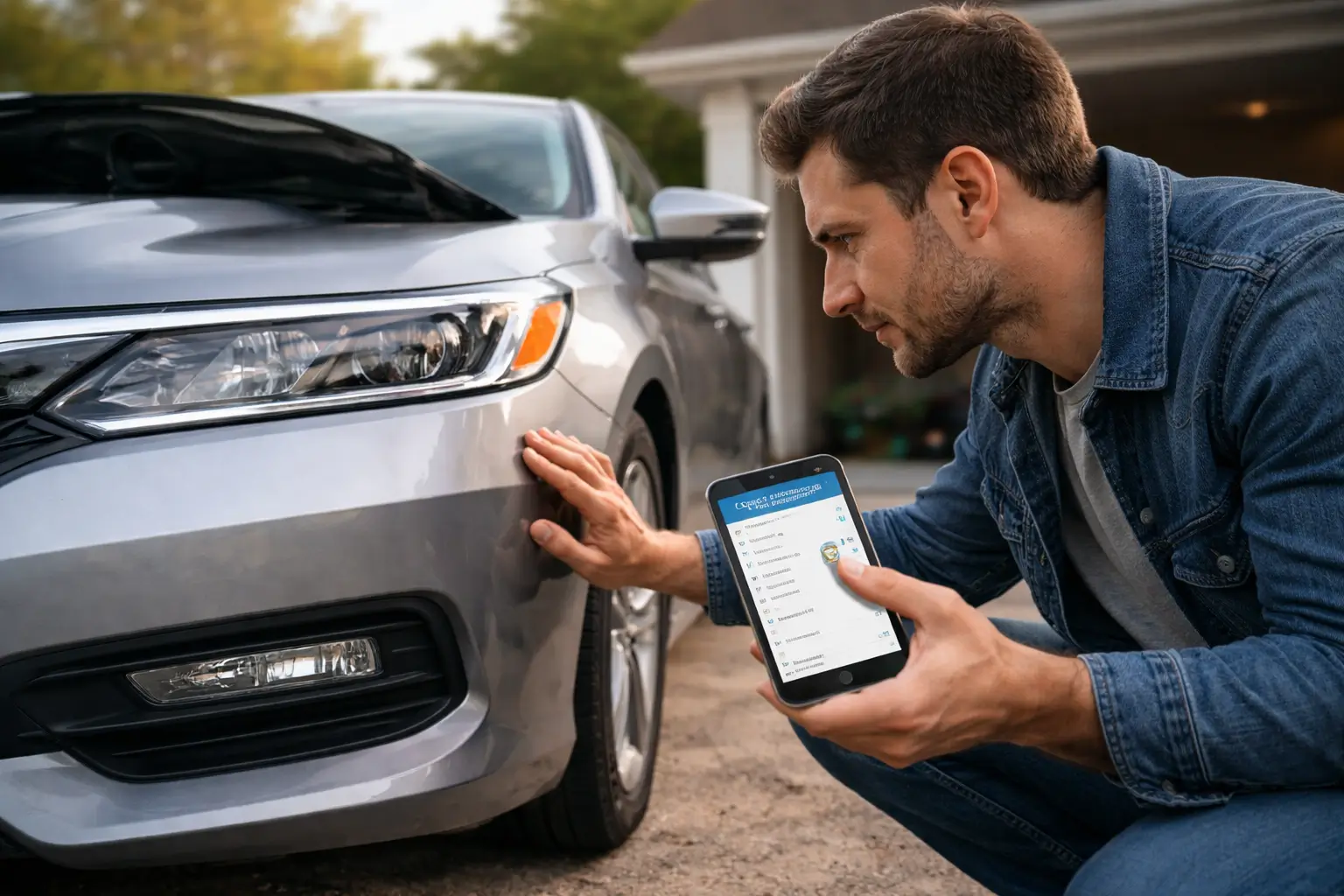 Used car inspection checklist with buyer checking vehicle exterior before purchase