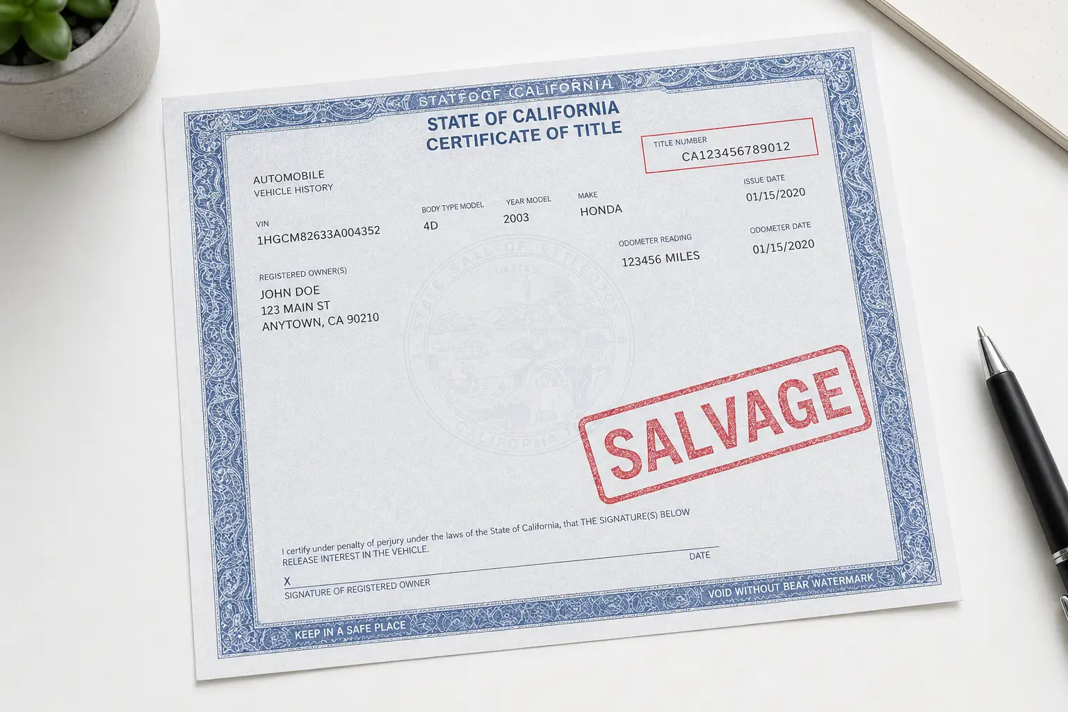 A State of California Certificate of Title document with a red SALVAGE stamp, representing a branded title on a used car.