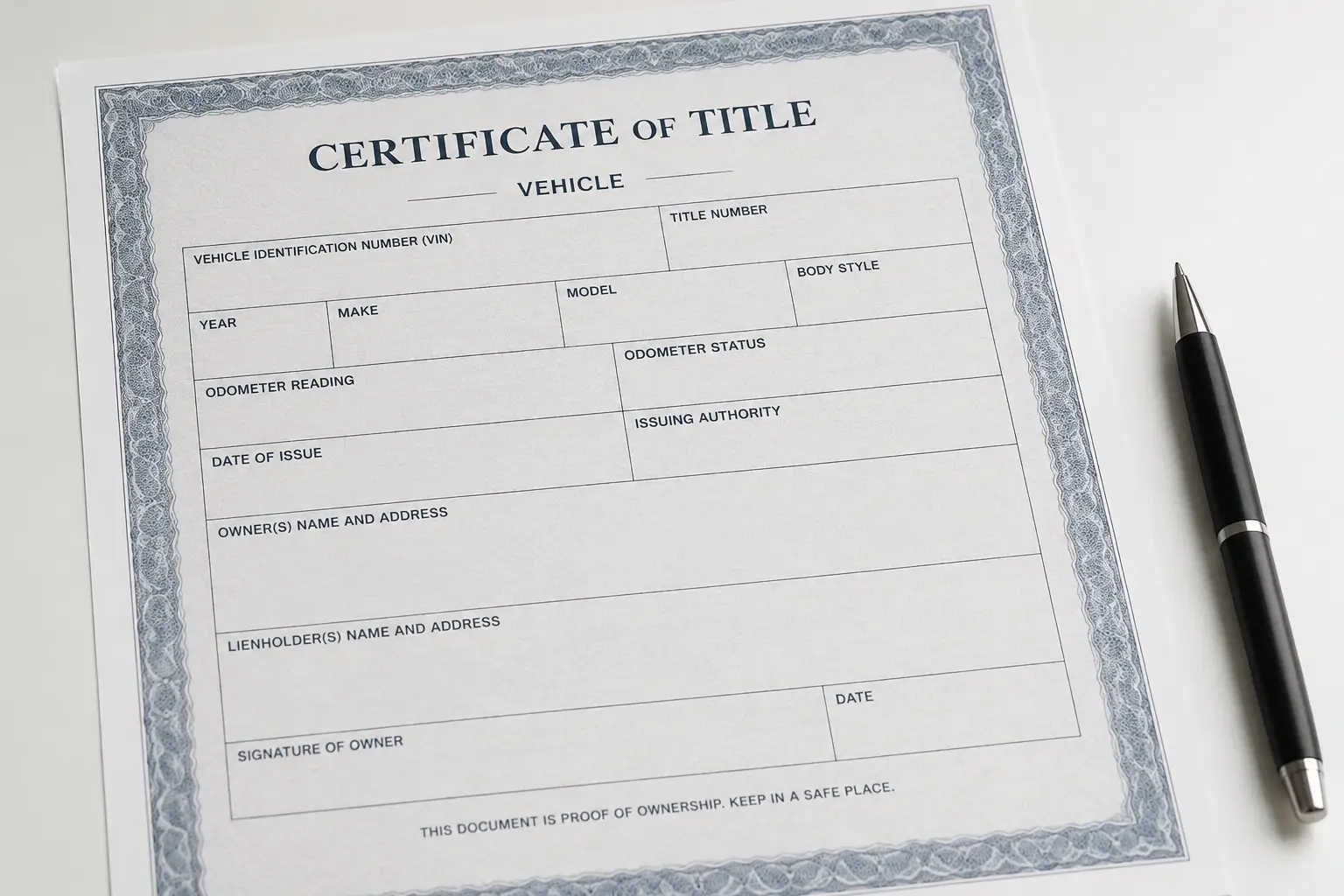 A blank Certificate of Title vehicle document on a white desk with a pen beside it, representing a clean car title.