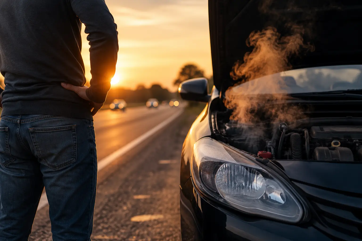 Frustrated car owner standing next to a broken-down vehicle on the highway with hood open, representing a lemon car with persistent defects.