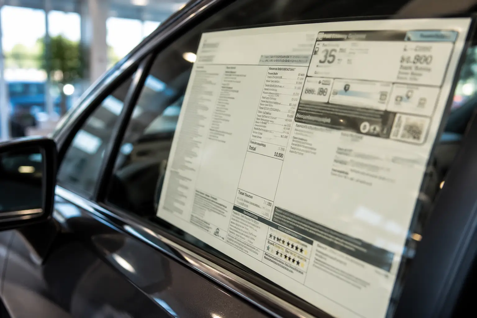 Close-up of a Monroney window sticker label displayed on a car window at a dealership, showing pricing, options, and safety ratings.