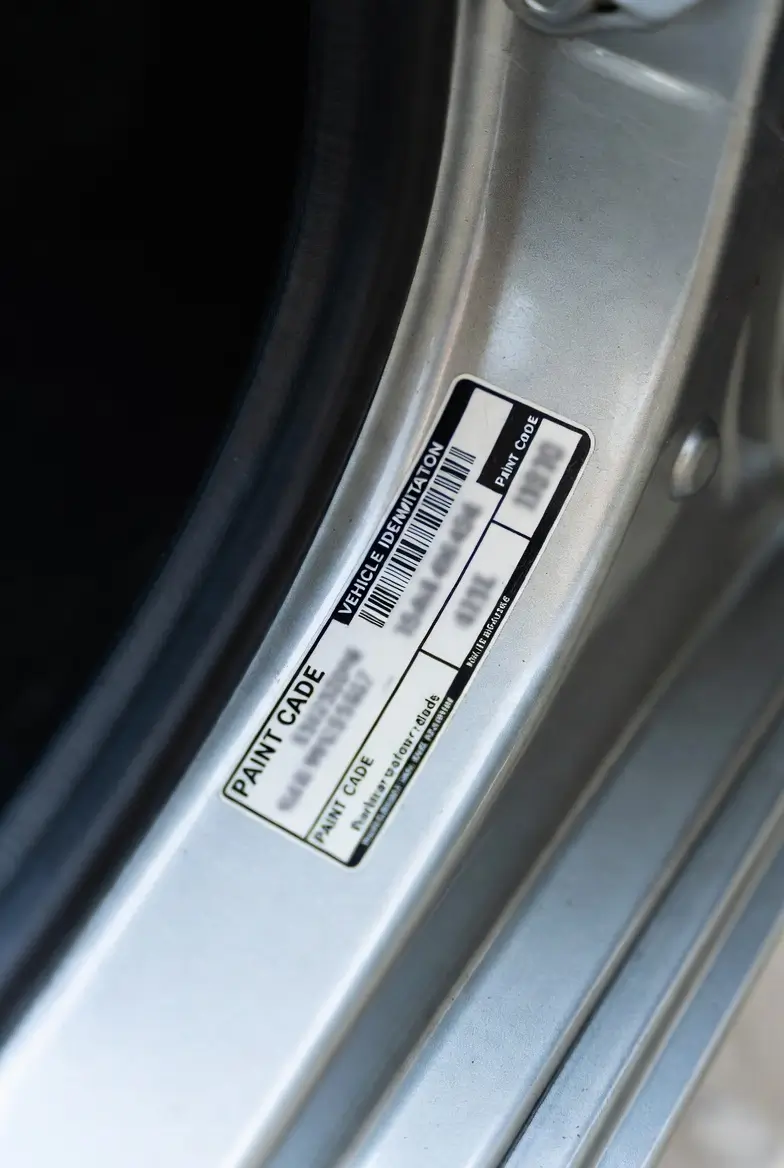 Close-up of a vehicle identification and paint code sticker on a silver car door jamb, showing where to find the colour code on a car.
