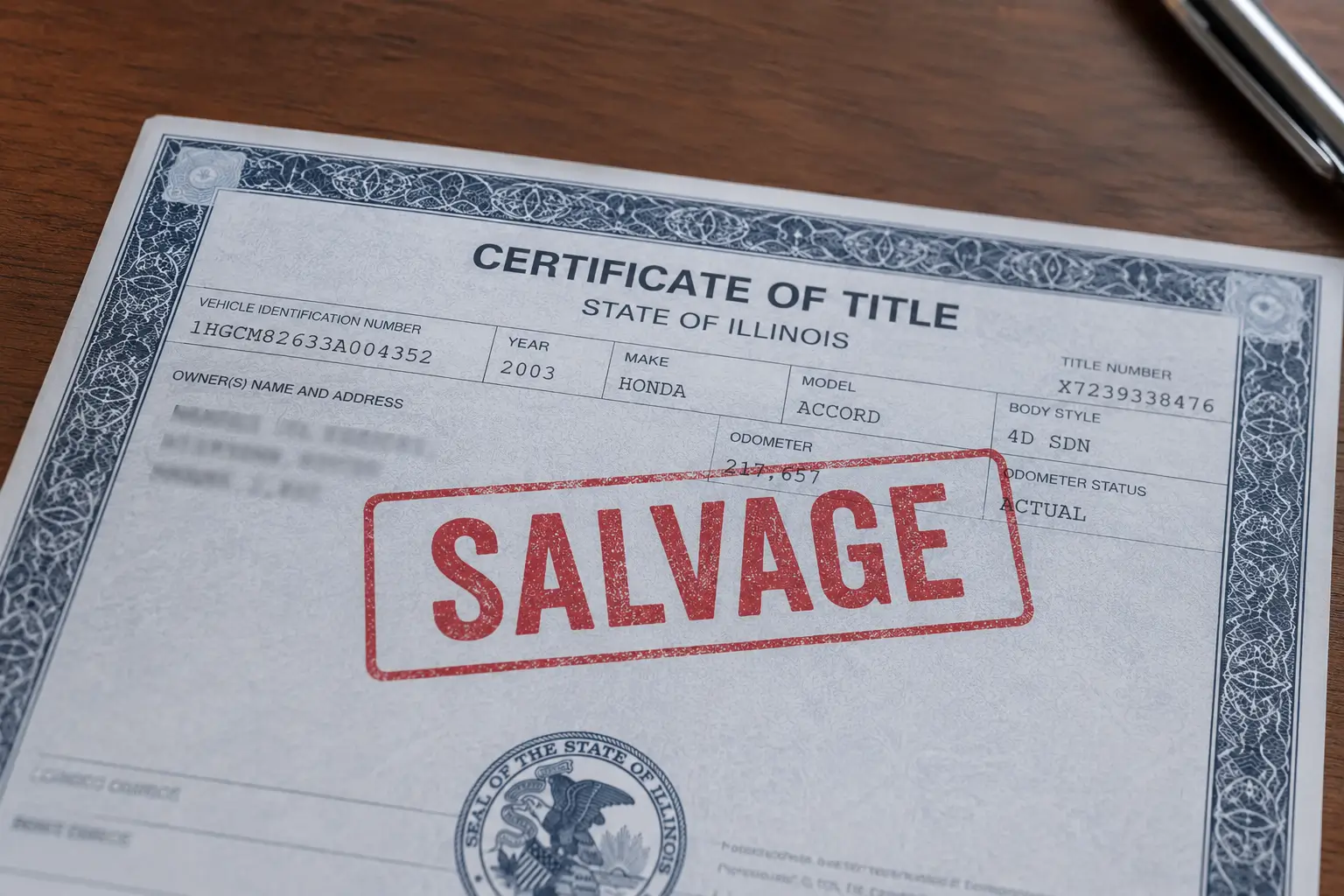 Car title document with salvage brand stamp — what is a branded title vehicle
