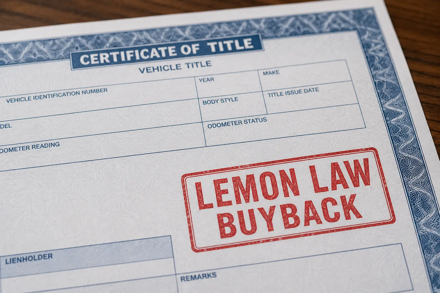 Vehicle title document showing lemon law buyback brand stamp