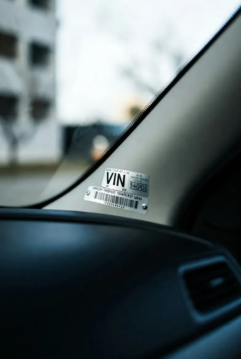 Vehicle identification number plate visible on car dashboard