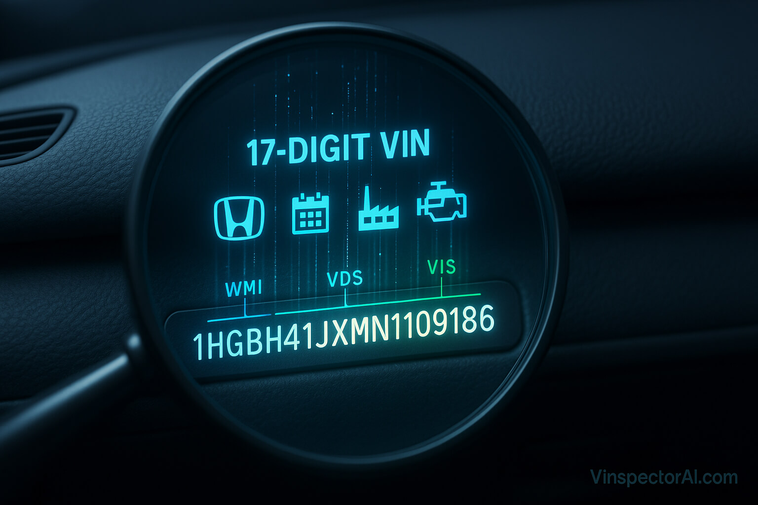 Infographic illustrating the components of a VIN, including manufacturer, vehicle type, model year, assembly plant, and serial number