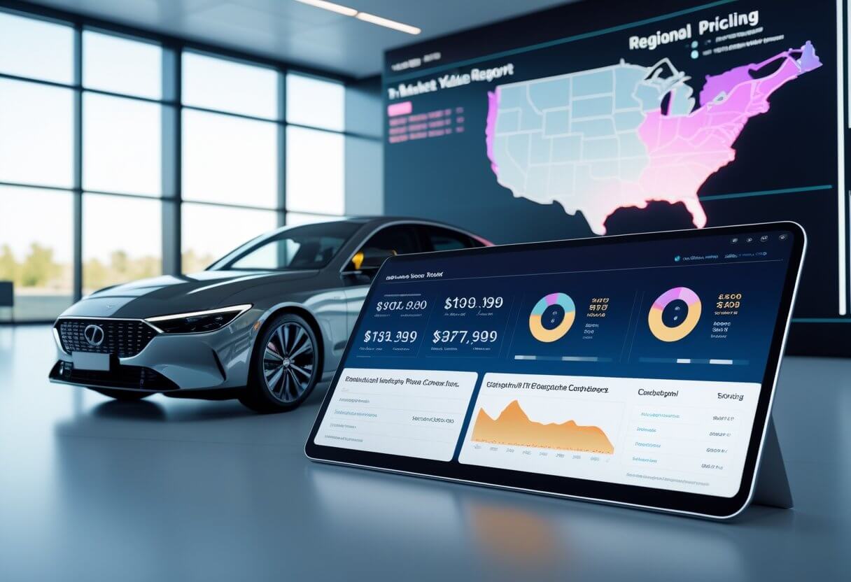 A man in a suit analyzing detailed graphs about True Market Value on a large screen, surrounded by technological symbols such as research, data analysis, and an electric car.