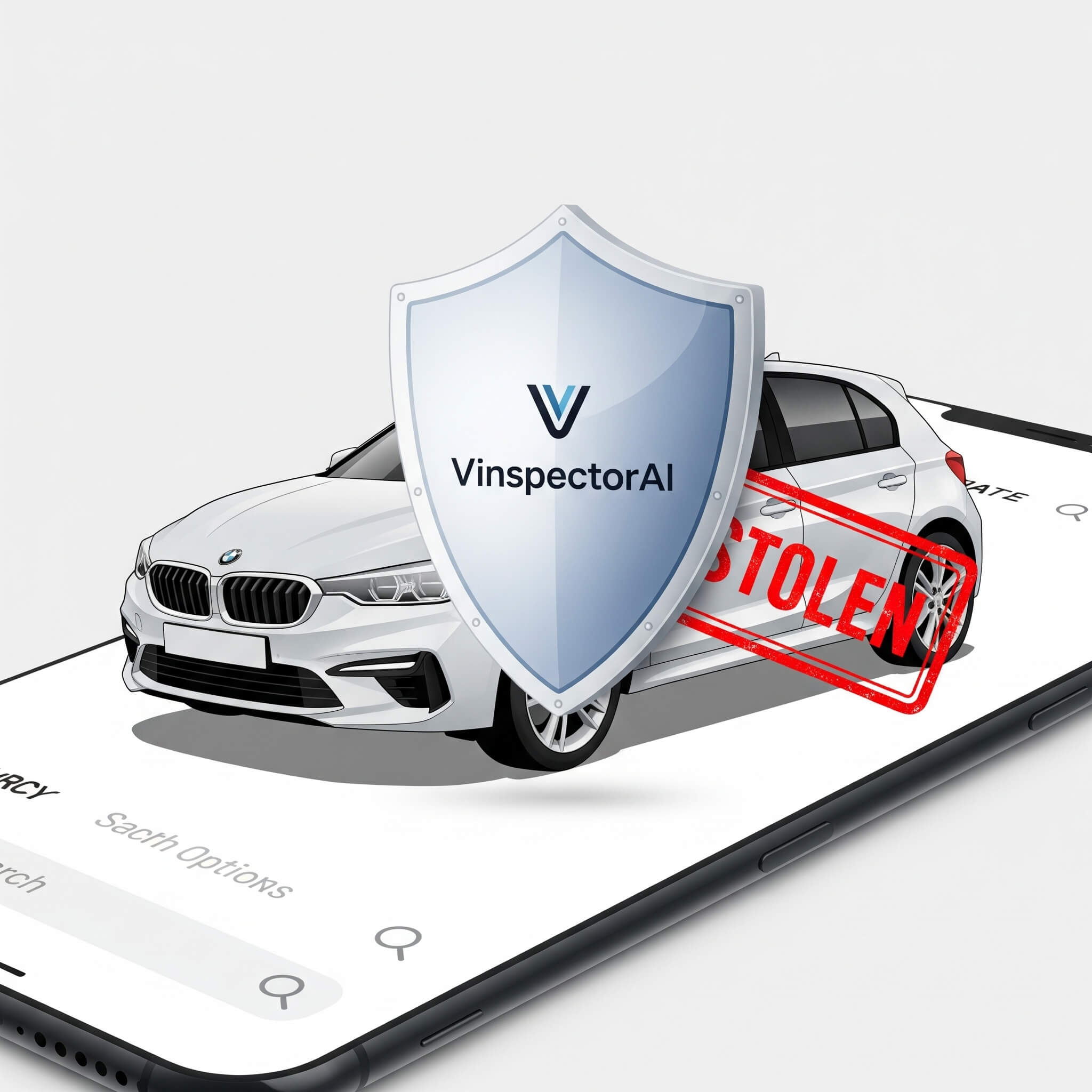 A white car labeled 'STOLEN' is protected by a shield bearing the VInspectorAI logo, symbolizing advanced AI-driven stolen vehicle detection.