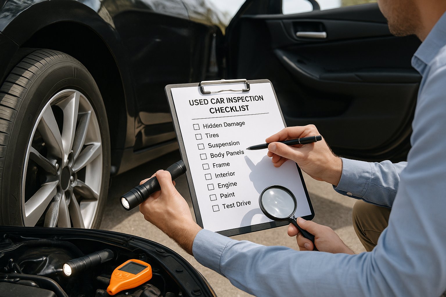 A mechanic inspects a used car with a flashlight, magnifying glass, and an inspection checklist that includes hidden damage, tires, suspension, body panels, frame, interior, engine, paint, and test drive. The car's hood is open, revealing the engine compartment.