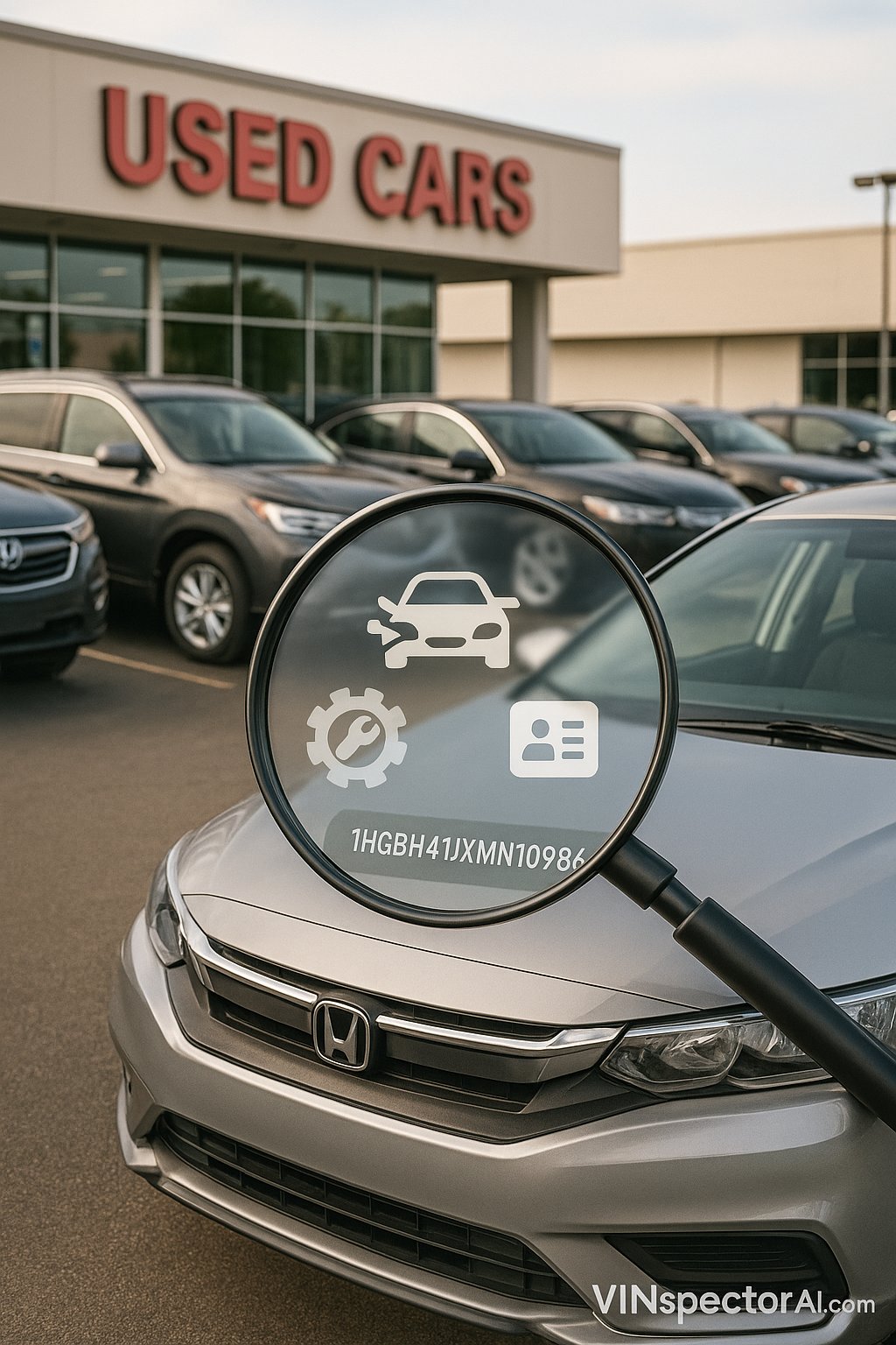 A magnifying glass over a car's VIN number, representing a detailed VIN check for a used car.
