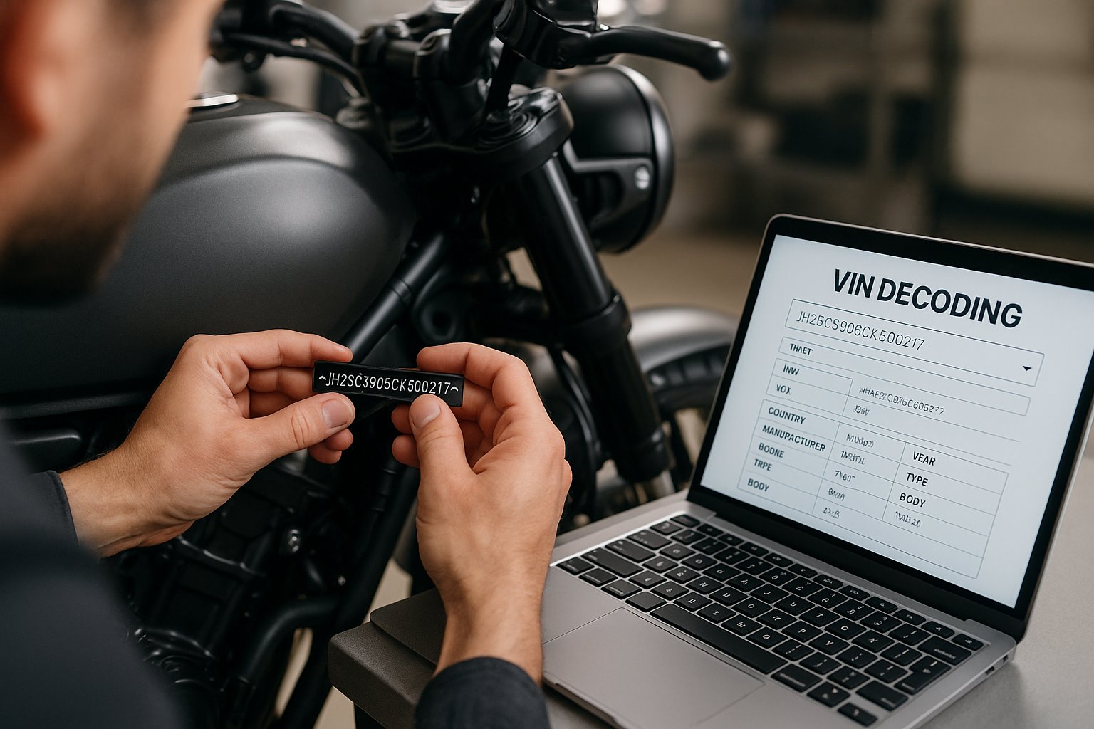 A photo showing the process of decoding a motorcycle's VIN.