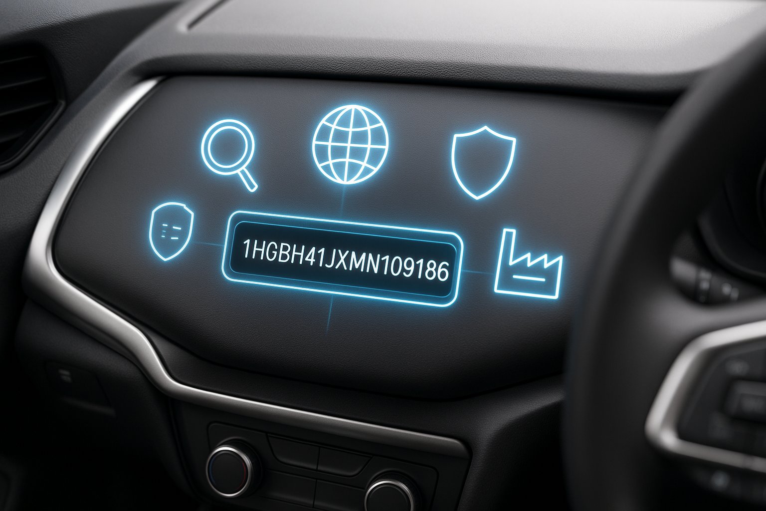 A digital dashboard shows a vehicle identification number (VIN) with icons for history, country of origin, safety, and manufacturing details.