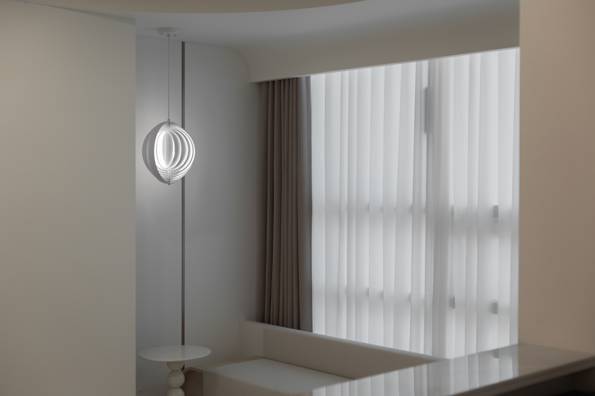 Waiting lounge beside a curtained window