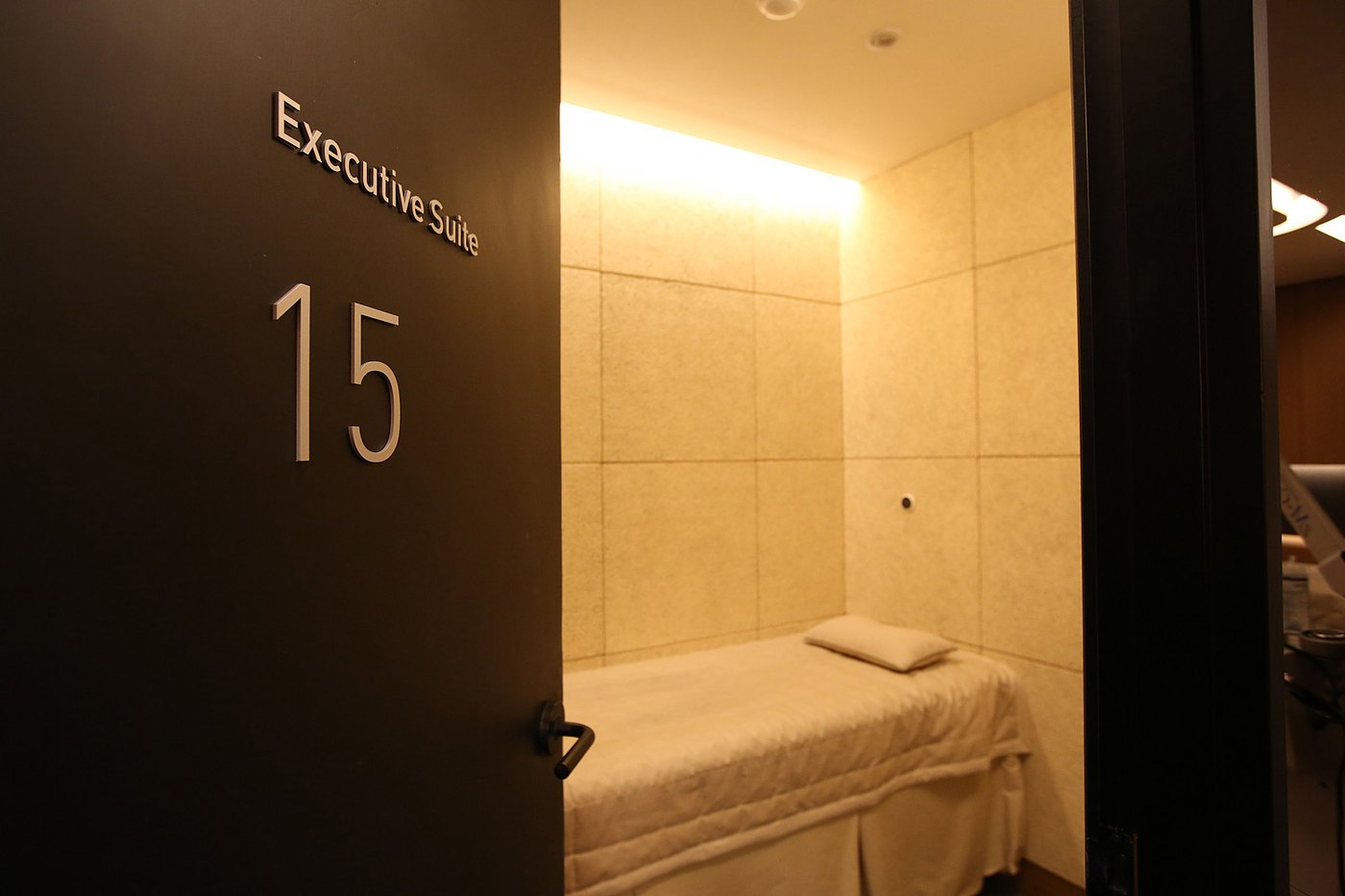 Private suite entrance marked Executive Suite, with a single bed inside