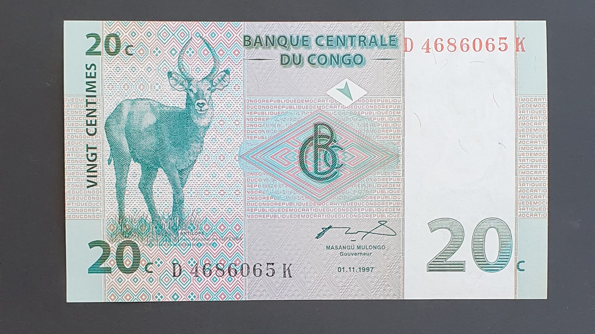 DR Congo 20 Centime banknote 1997 - CurrencyHub