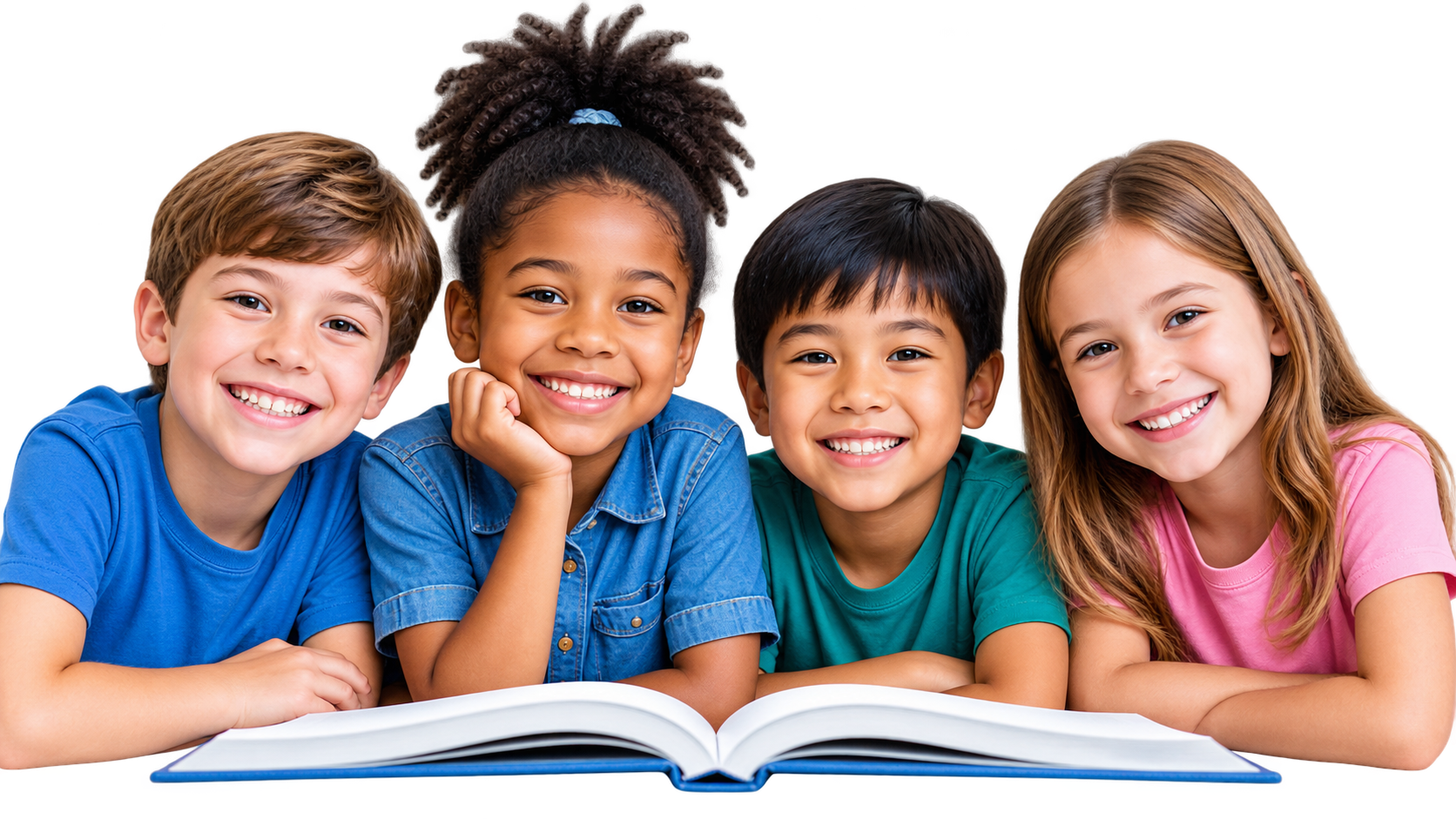 Elementary students reading a book together