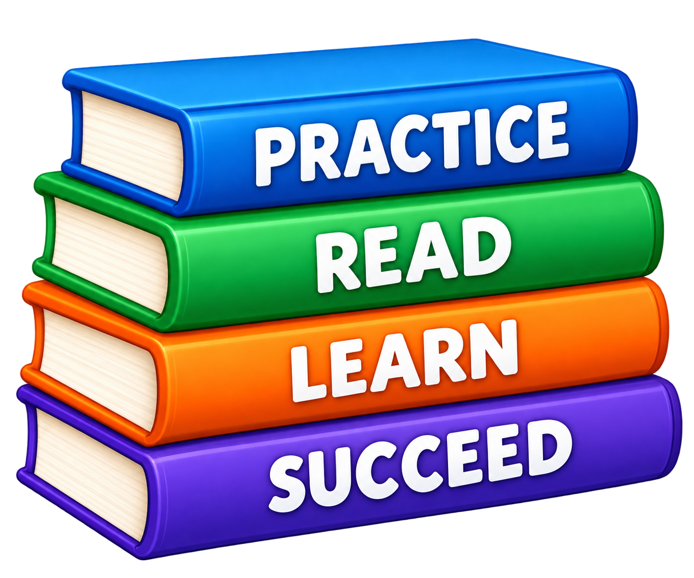 Books labeled Practice, Read, Learn, and Succeed
