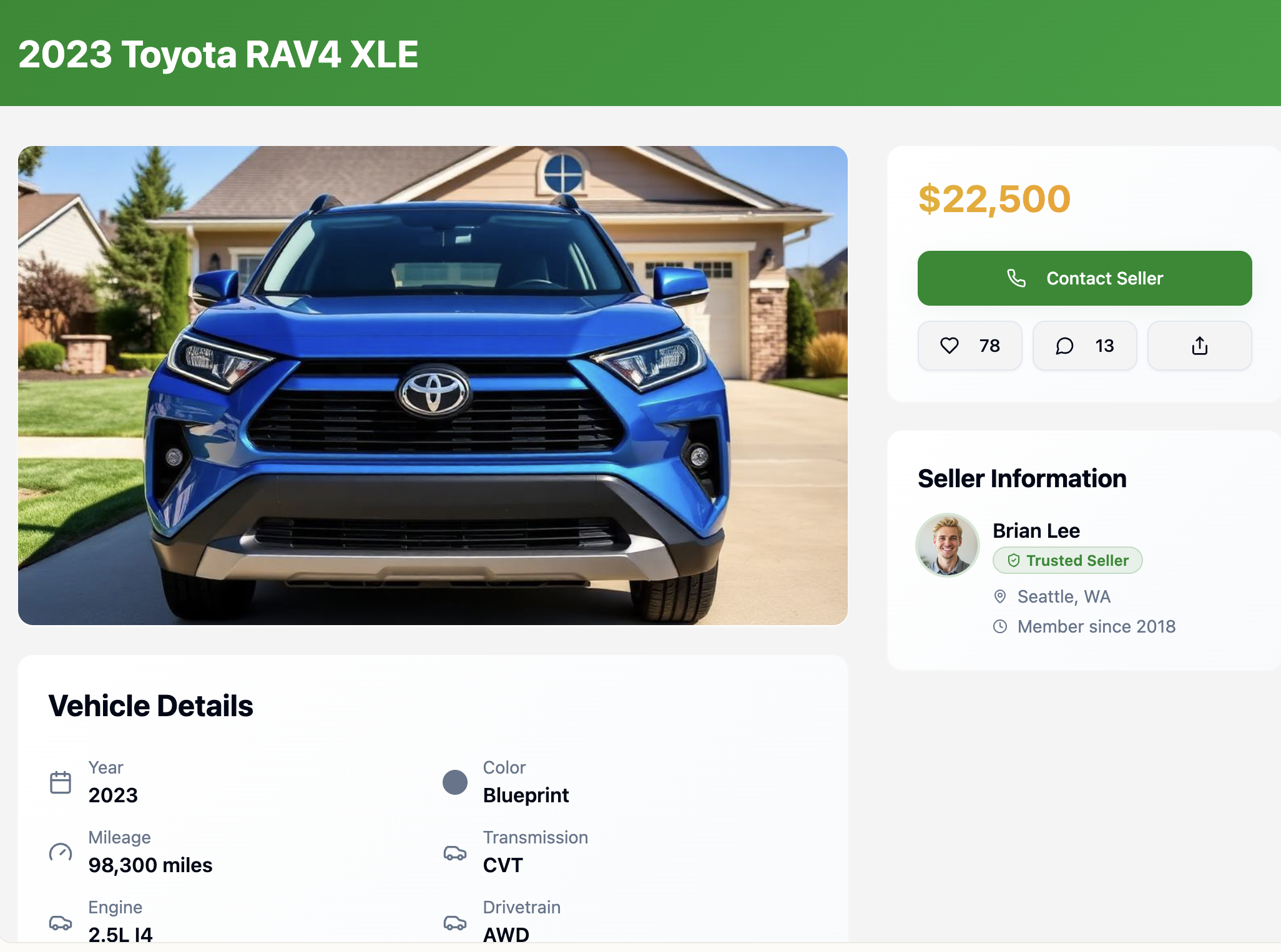 Used car listing detail page on MyFavi Autos platform