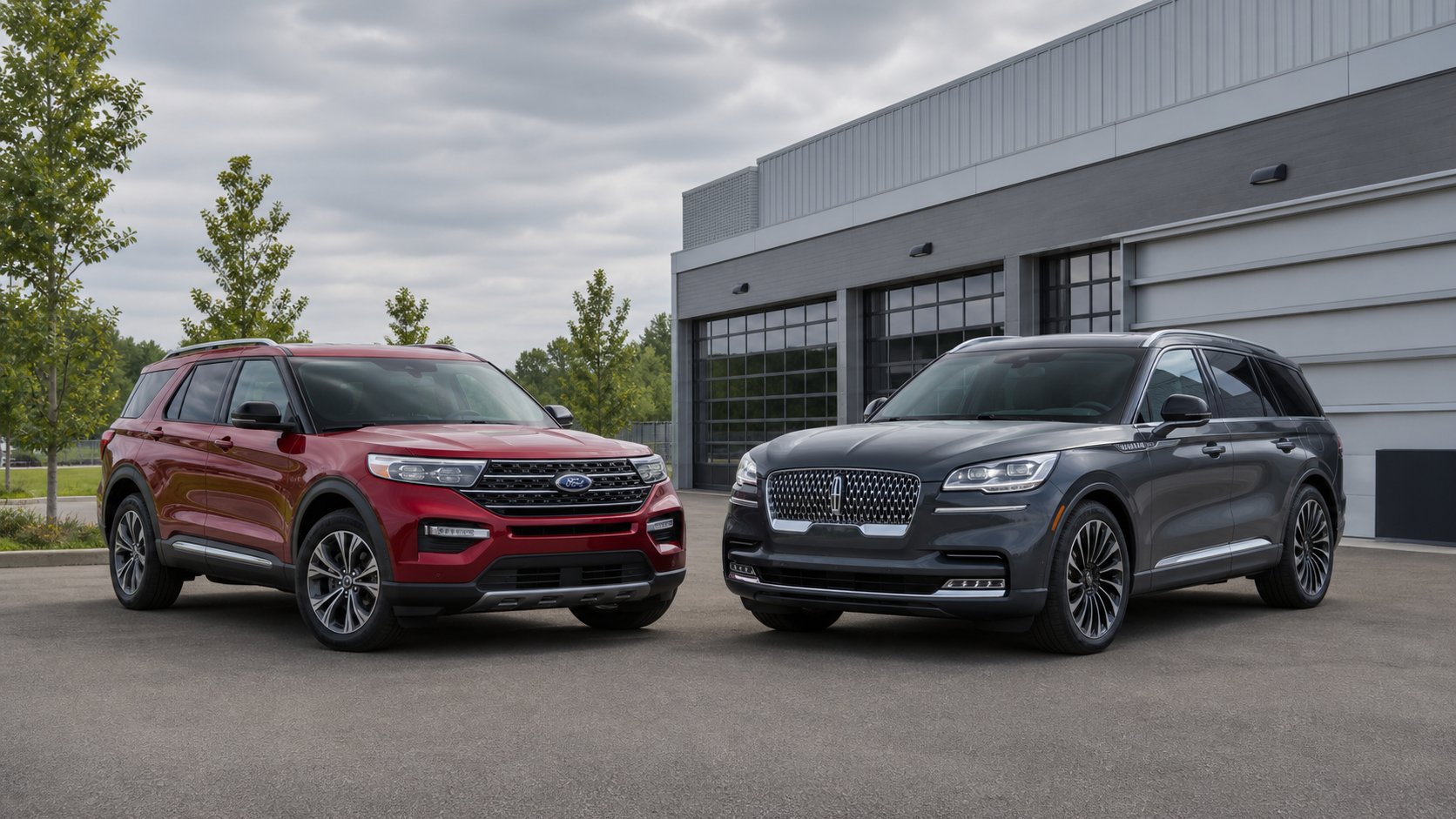 Red Ford Explorer and dark gray Lincoln Aviator parked outside a service facility