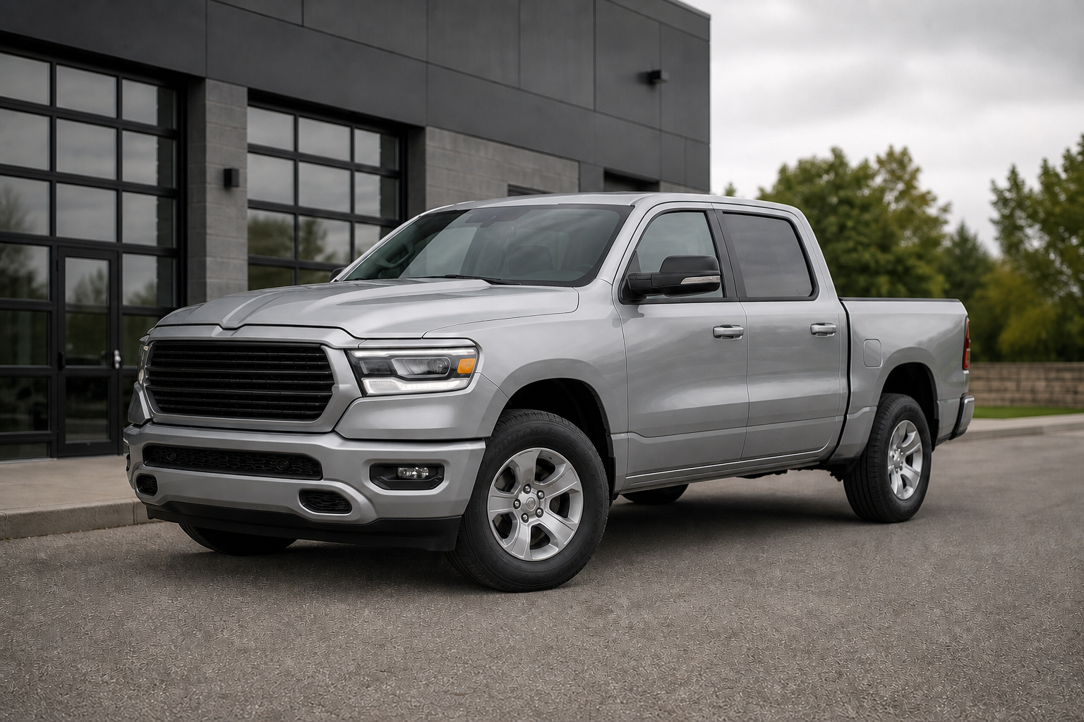 Silver-gray Ram 1500 crew-cab pickup parked outside an unbranded service facility