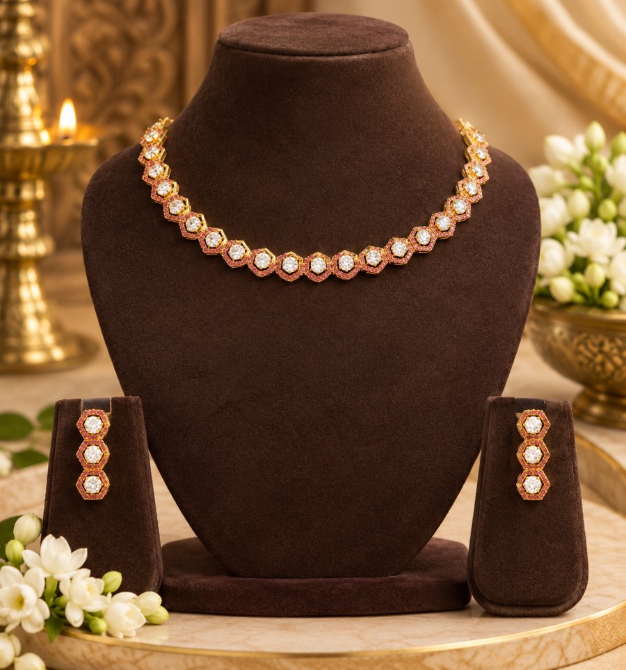 Ruby pink and white adstone necklace set with earrings..