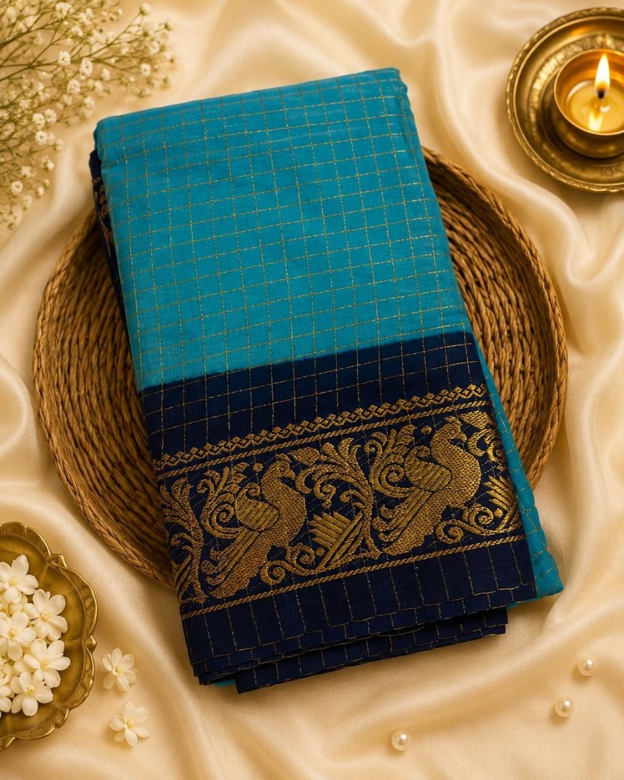 Sungudi peacock design blue and dark blue combination saree