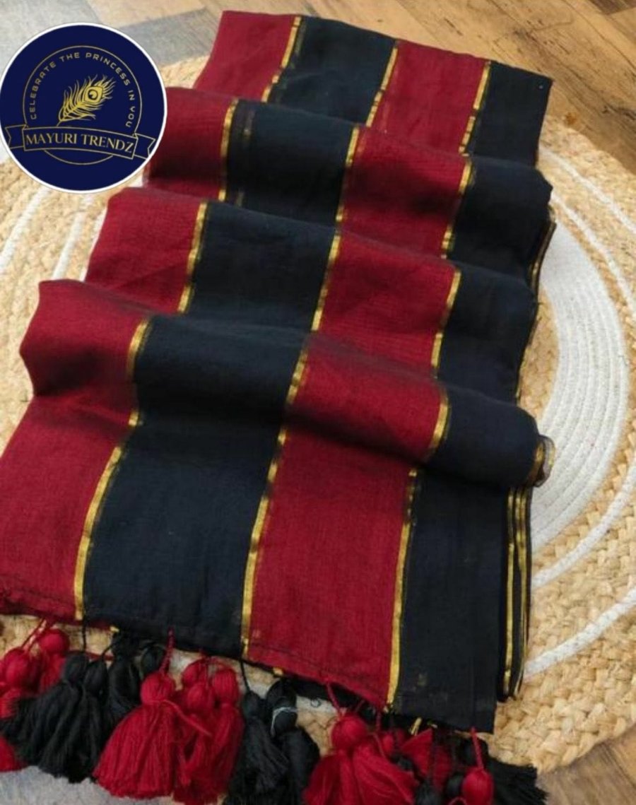 Mul cotton saree with black and maroon combination saree