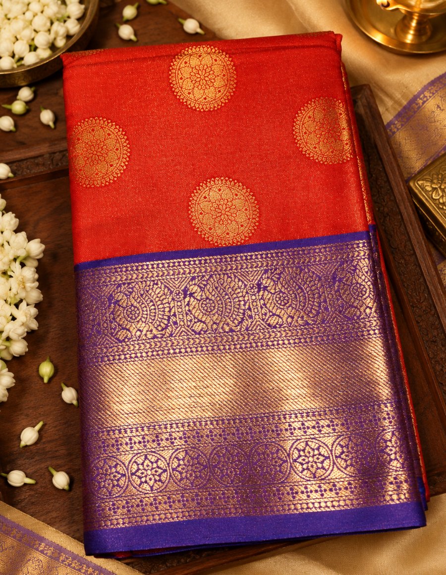 Banarasi orange and purple heavy butta saree