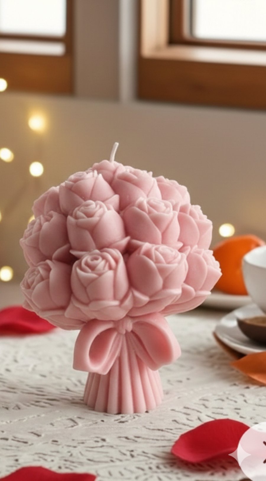 The object is a candle designed to resemble a floral arrangement. Color: The candle is a deep, uniform red color.