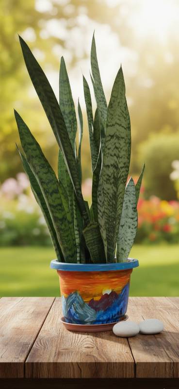 Hand crafted pot with snake plant