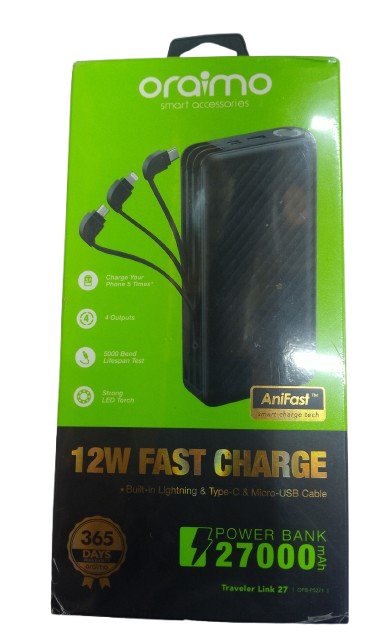 Oraimo Traveler Link 27000 mAh Power Bank - 12W Fast Charge with Built-in Cables — Default