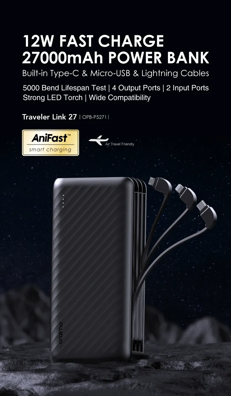 Oraimo Traveler Link 27000 mAh Power Bank - 12W Fast Charge with Built-in Cables — Default
