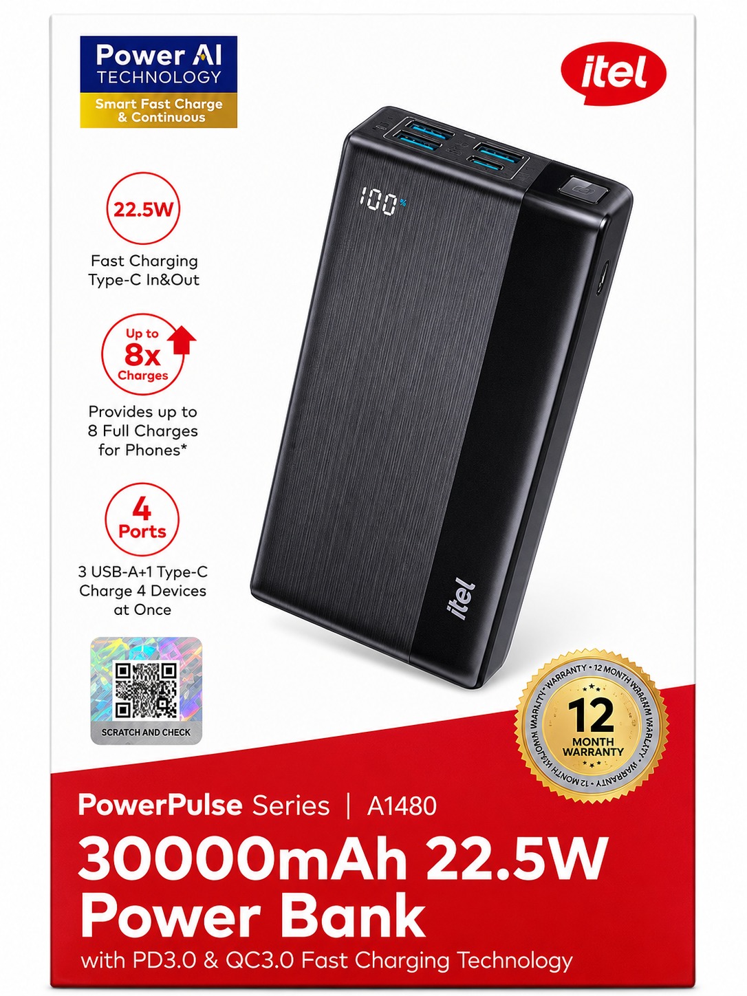 itel PowerPulse A1480 30000mAh 22.5W Power Bank – 4 Ports Power Ai