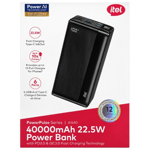 itel PowerPulse A1490 40000mAh 22.5W Power Bank – 6 Ports, Power AI
