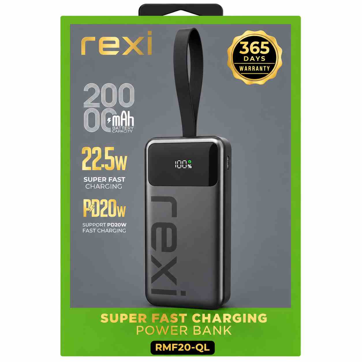 Rexi 20000mAh 22.5W Super Fast Charging Power Bank with LED Display & Carry Strap