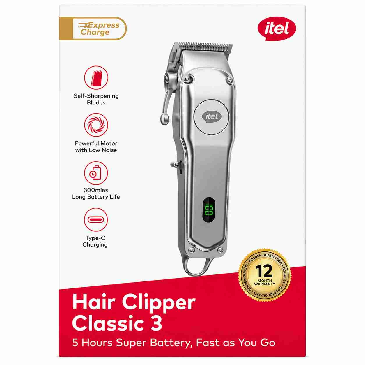itel Hair Clipper Classic 3 – 5 Hours Battery, Self-Sharpening Blades, Type-C Charging — Default