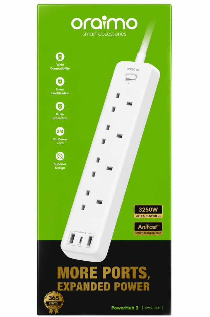Buy Oraimo PowerHub 2 OMS-U33T in Nigeria – 3250W Extension Socket with USB Ports & Surge Protection | truevenix.com
