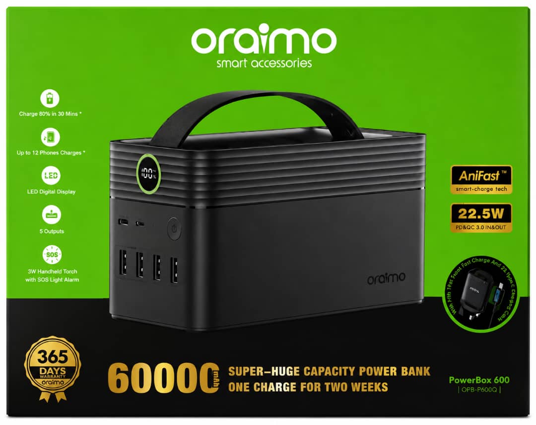 Buy Oraimo PowerBox  60000mAh 22.5W Power Bank in Nigeria - 5 Outputs, SOS Torch | truevenix.com