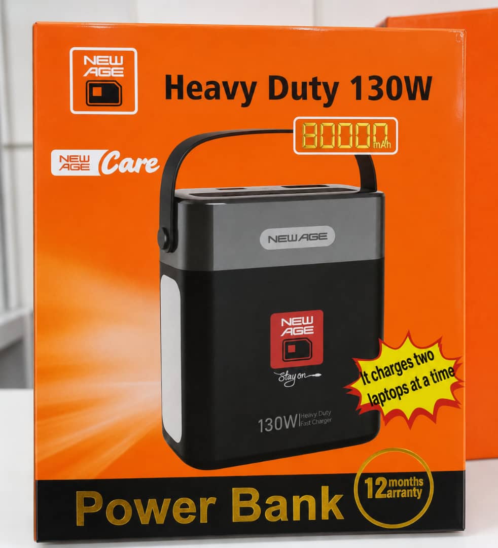 New Age Heavy Duty 130W Power Bank – 80000mAh, Charges Two Laptops at Once | Truevenix Nigeria