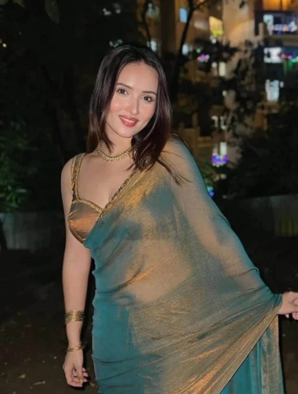 Women's Shimmer Organza Saree in Blue & Golden Shin – Partywear with Designer Blouse Piece