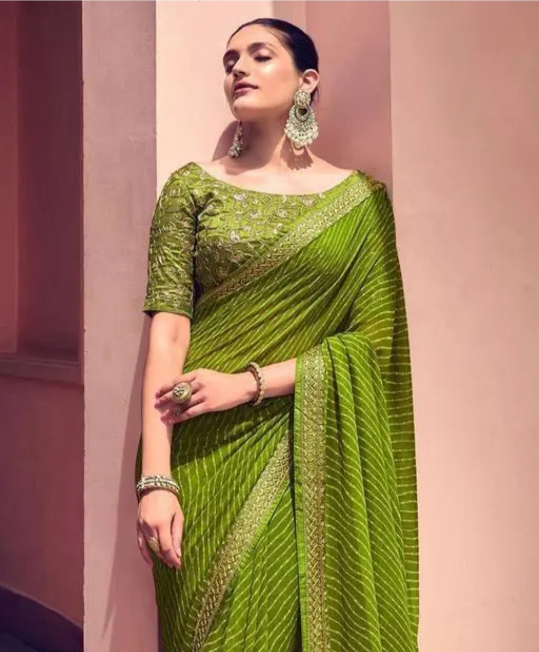 Women's Leheriya Bandhani Printed Embroidered Green Pure Georgette Saree