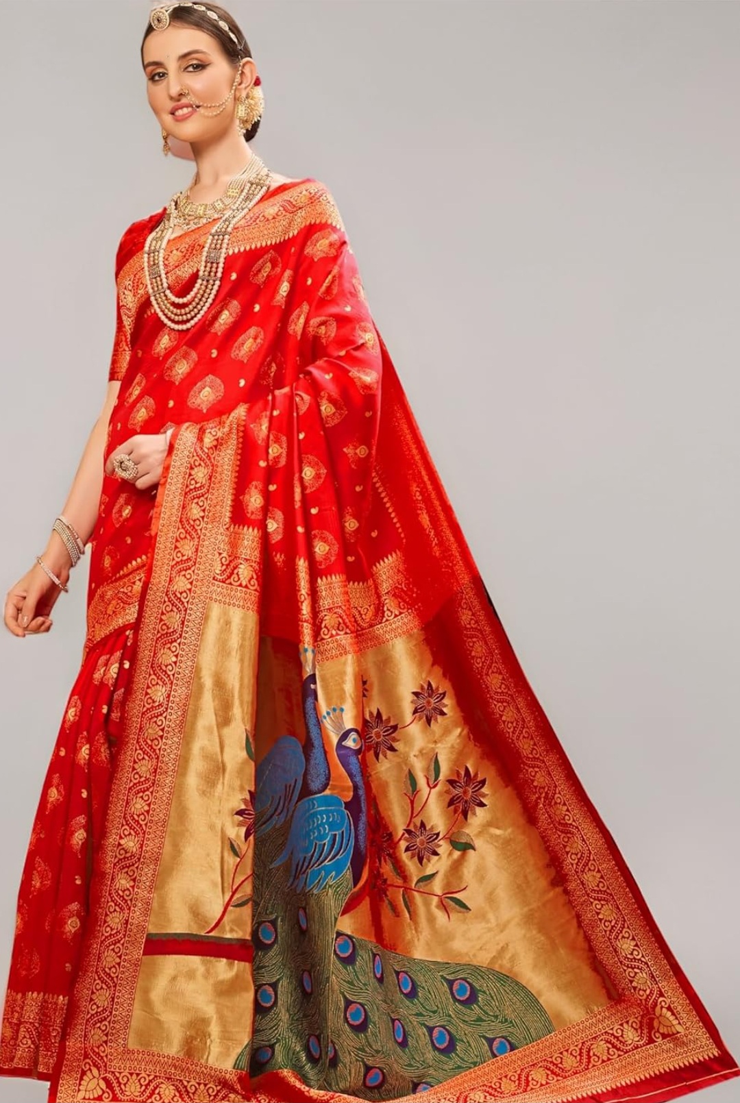 Traditional Red Banarasi Silk Saree with Peacock Motif Pallu