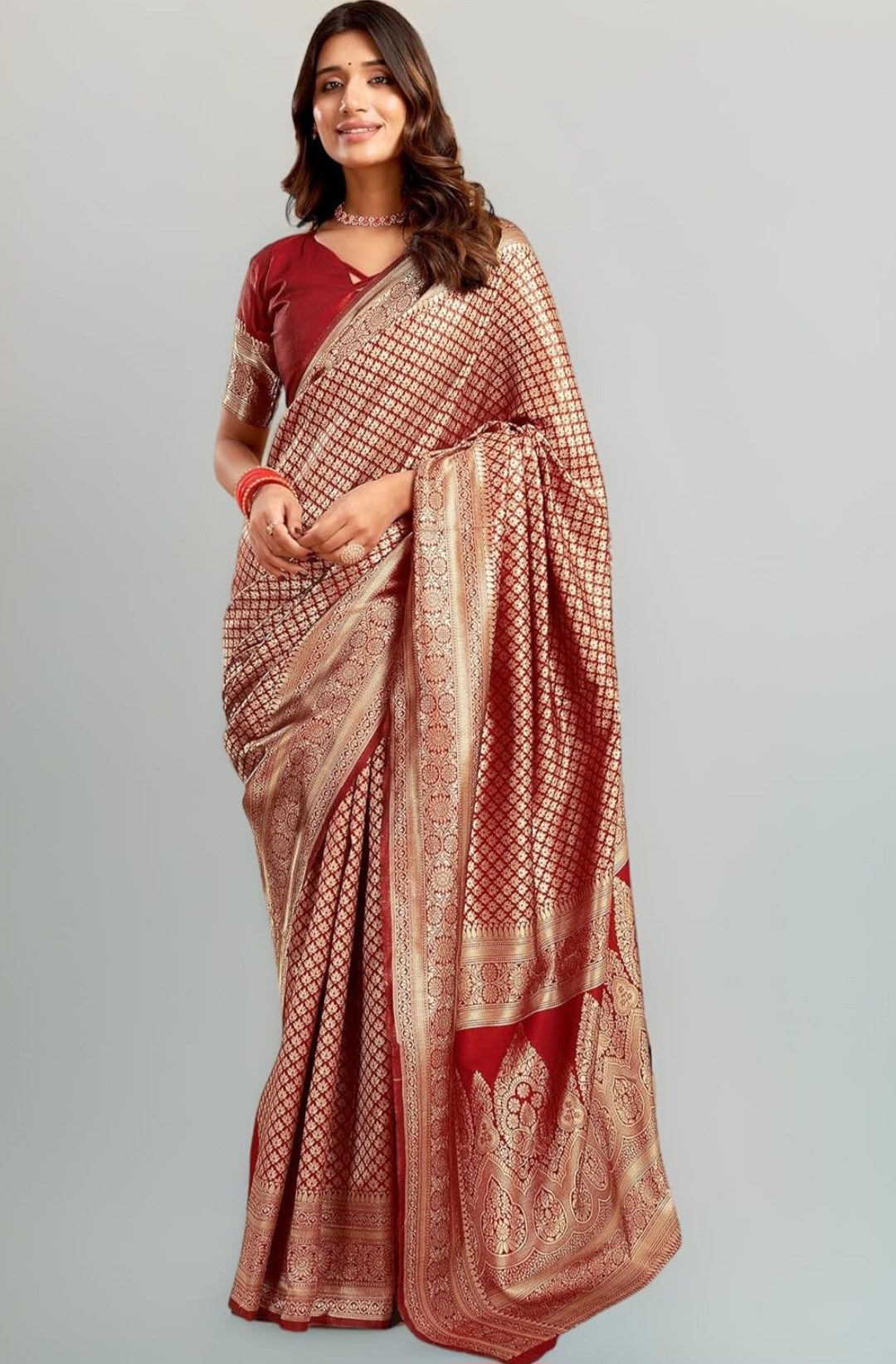 Women's Red Kanjivaram Silk Saree With Blouse Piece For Wedding
