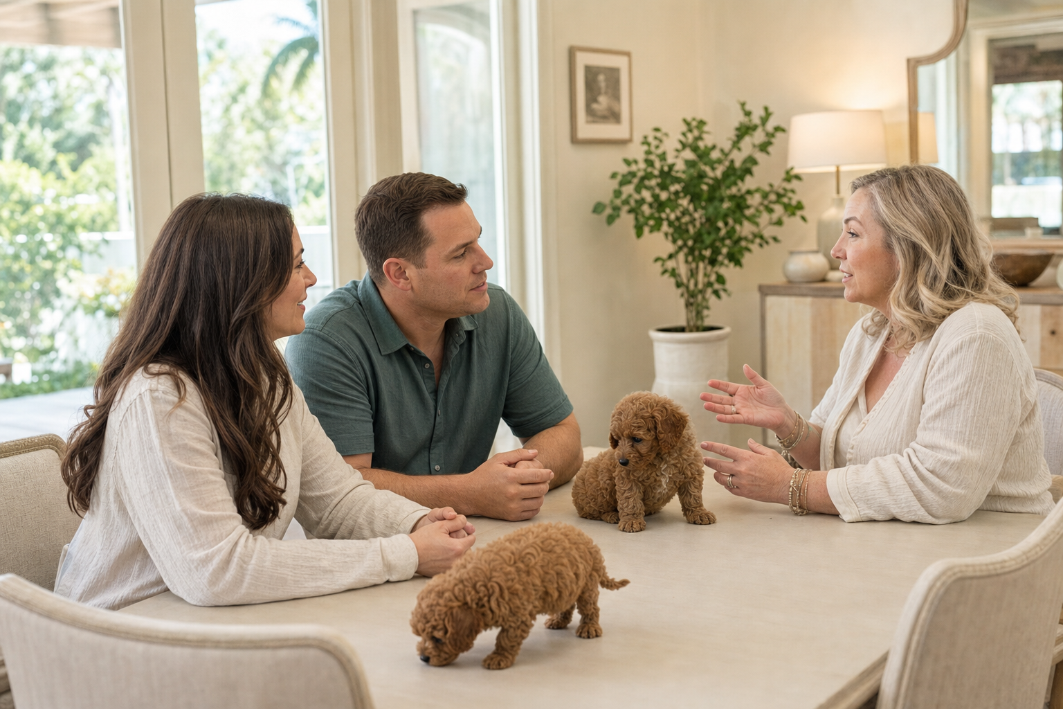 Miniature Poodle breeder talking with a couple at a dining table while two apricot puppies explore nearby.