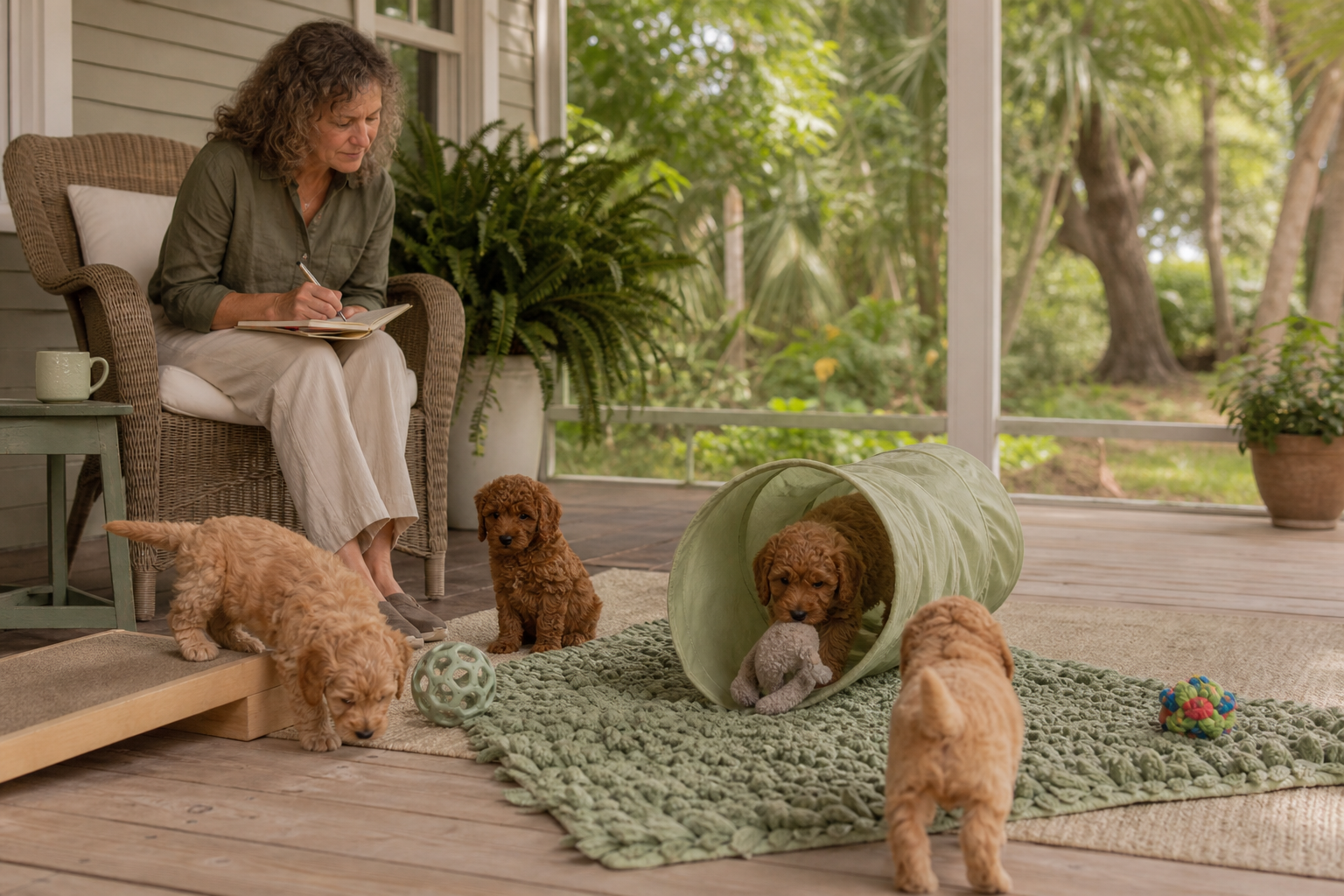 Breeder taking notes as four apricot Miniature Poodle puppies explore a step, tunnel, and textured mat on a porch.