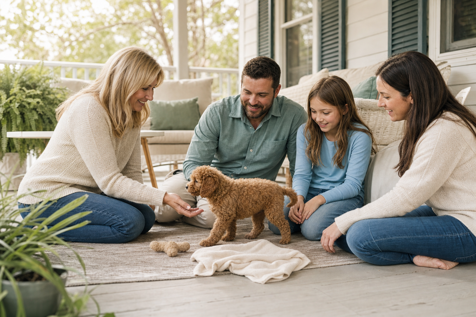 Breeder introducing an apricot Miniature Poodle puppy to two adults and a school-age child on a shaded porch.