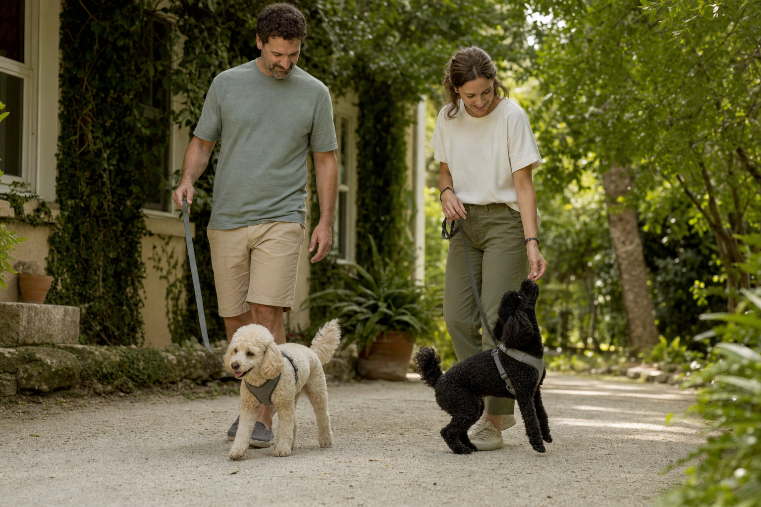 Cream and black Miniature Poodles walking with two adults on a shaded garden path.