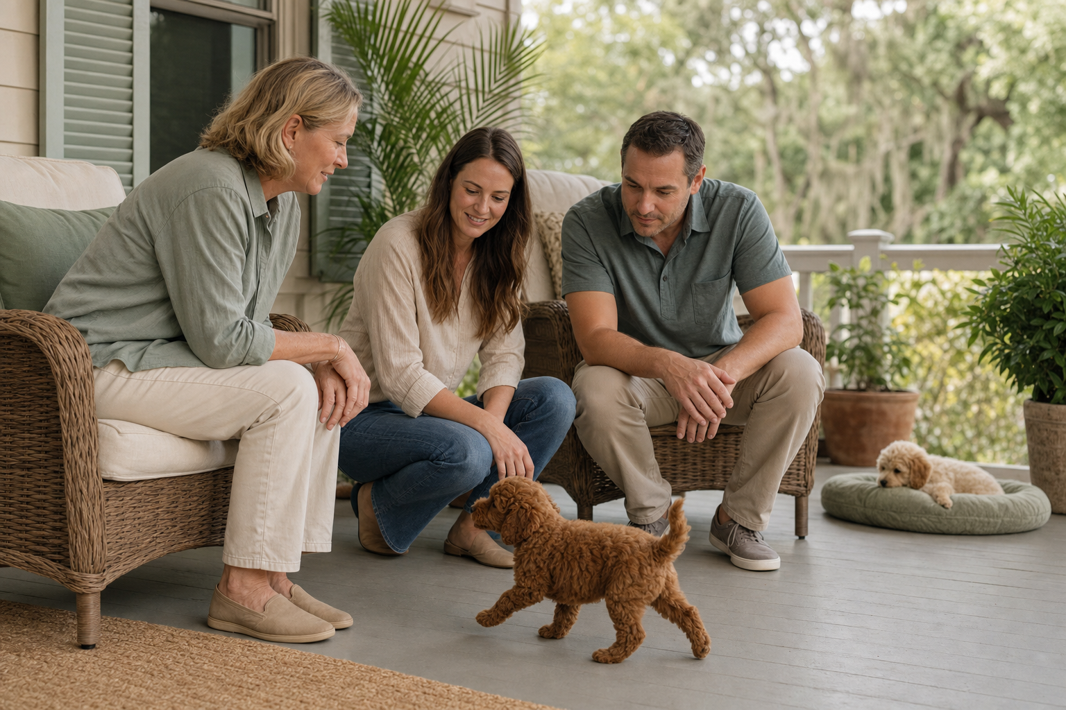 Breeder and couple observing a red Miniature Poodle puppy while a cream puppy rests nearby on a porch.